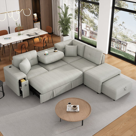 Convertible Chenille Sectional Sofa Bed with Storage