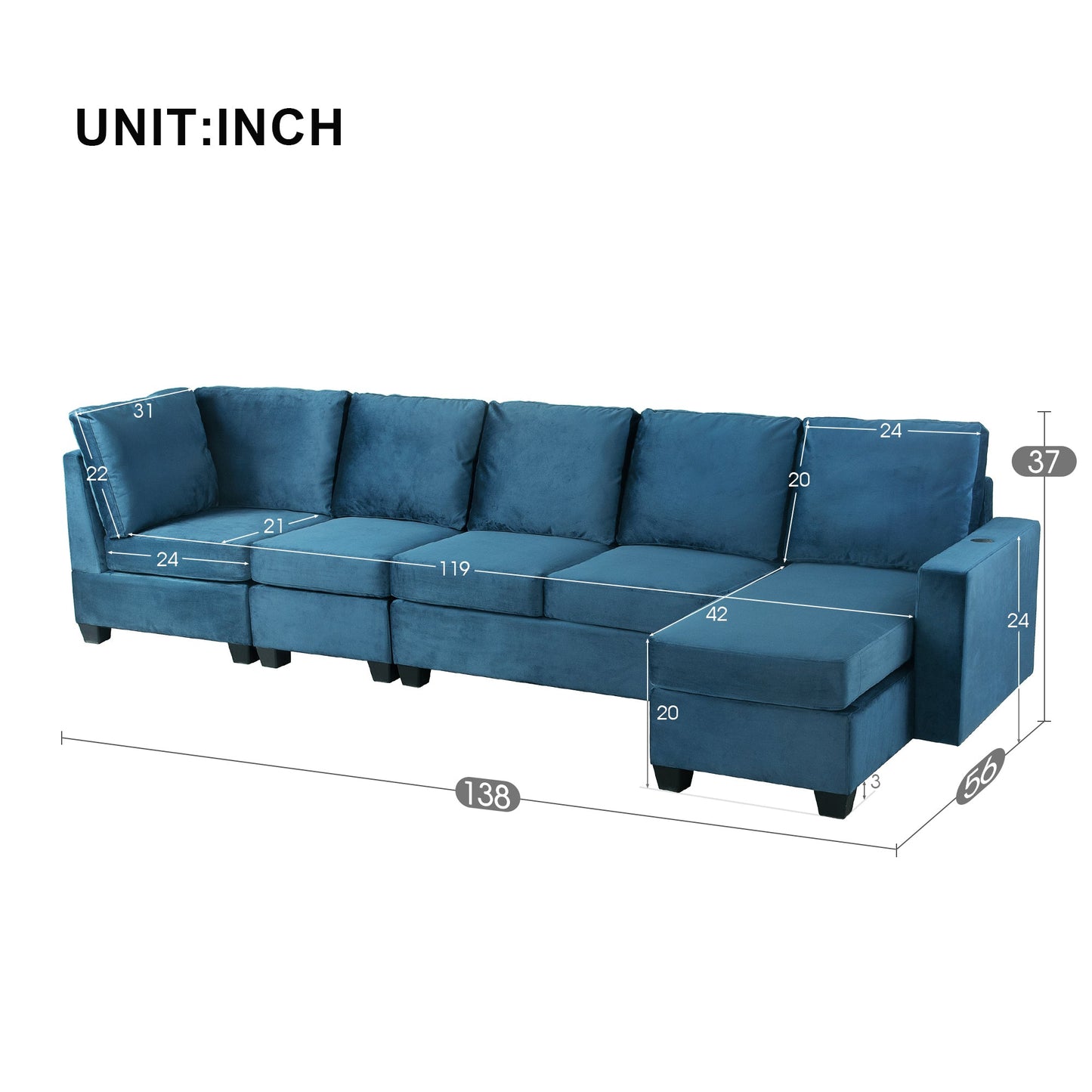 6-Piece Modular Velvet Sectional Sofa with USB Charging Ports – Navy Blue