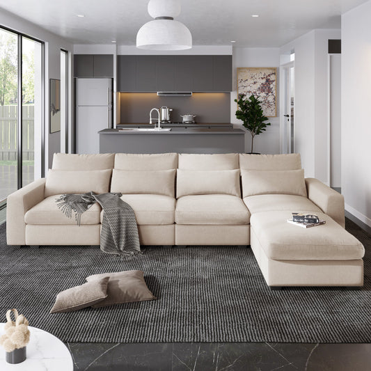 Beige L-Shaped Linen Sectional Sofa