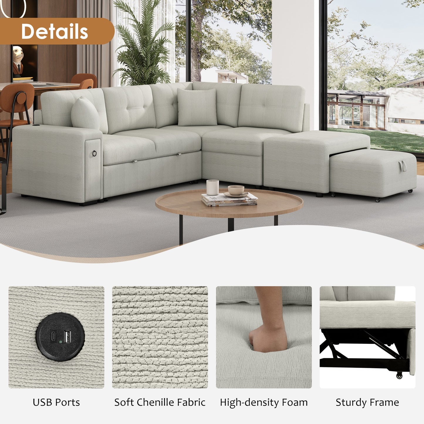 Convertible Chenille Sectional Sofa Bed with Storage