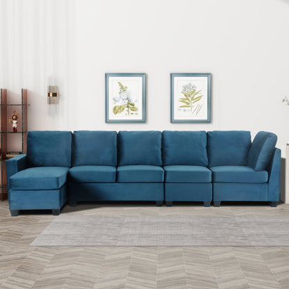 6-Piece Modular Velvet Sectional Sofa with USB Charging Ports – Navy Blue