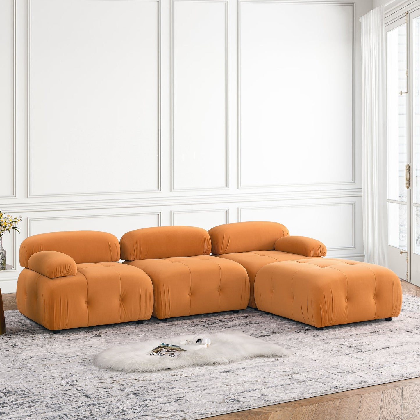Soft Velvet Modular Sectional Sofa with Ottoman – Tufted Backrest, Orange