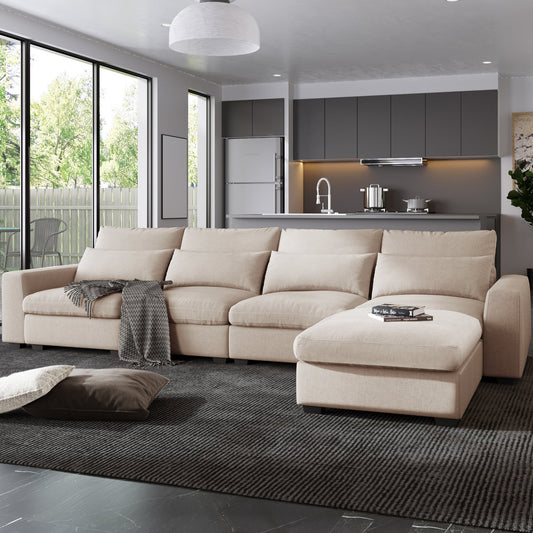 Beige L-Shaped Linen Sectional Sofa