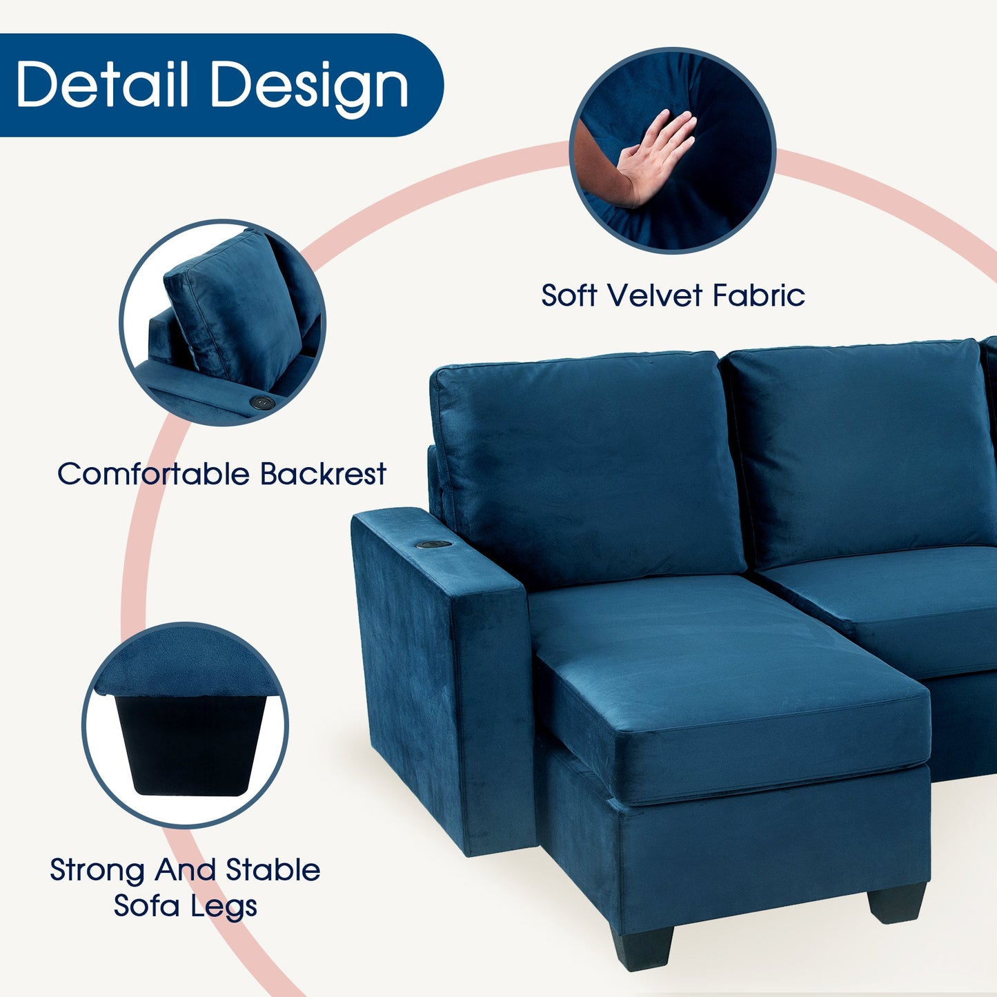 6-Piece Modular Velvet Sectional Sofa with USB Charging Ports – Navy Blue
