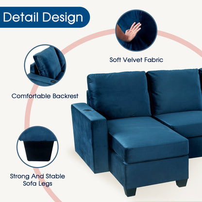 6-Piece Modular Velvet Sectional Sofa with USB Charging Ports – Navy Blue