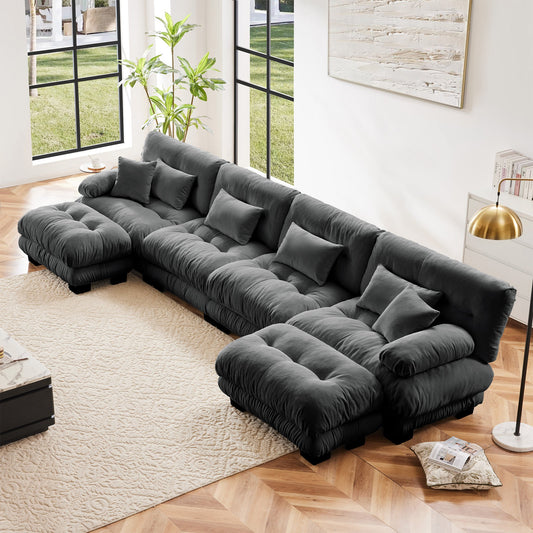 Grey Ottomans Chenille U Shaped Couch