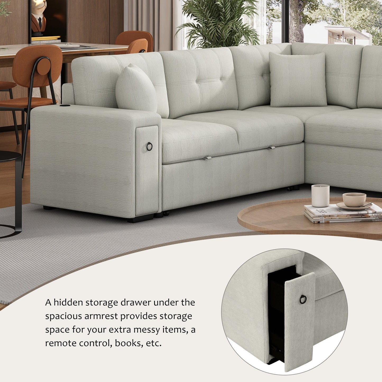 Convertible Chenille Sectional Sofa Bed with Storage