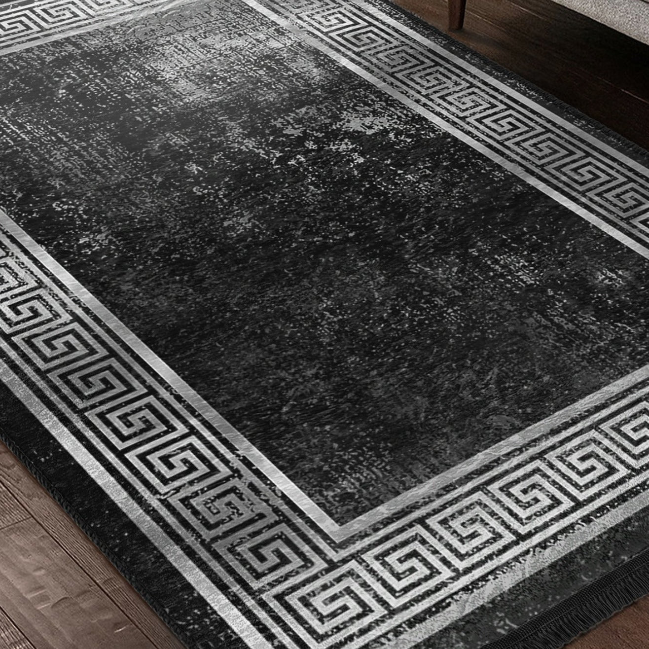 Geometric Design Black Vintage Washable Area Rug | Homeezone