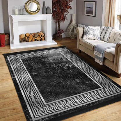 Geometric Design Black Vintage Washable Area Rug | Homeezone
