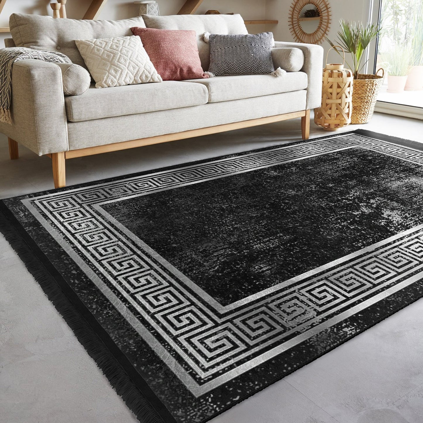 Geometric Design Black Vintage Washable Area Rug | Homeezone