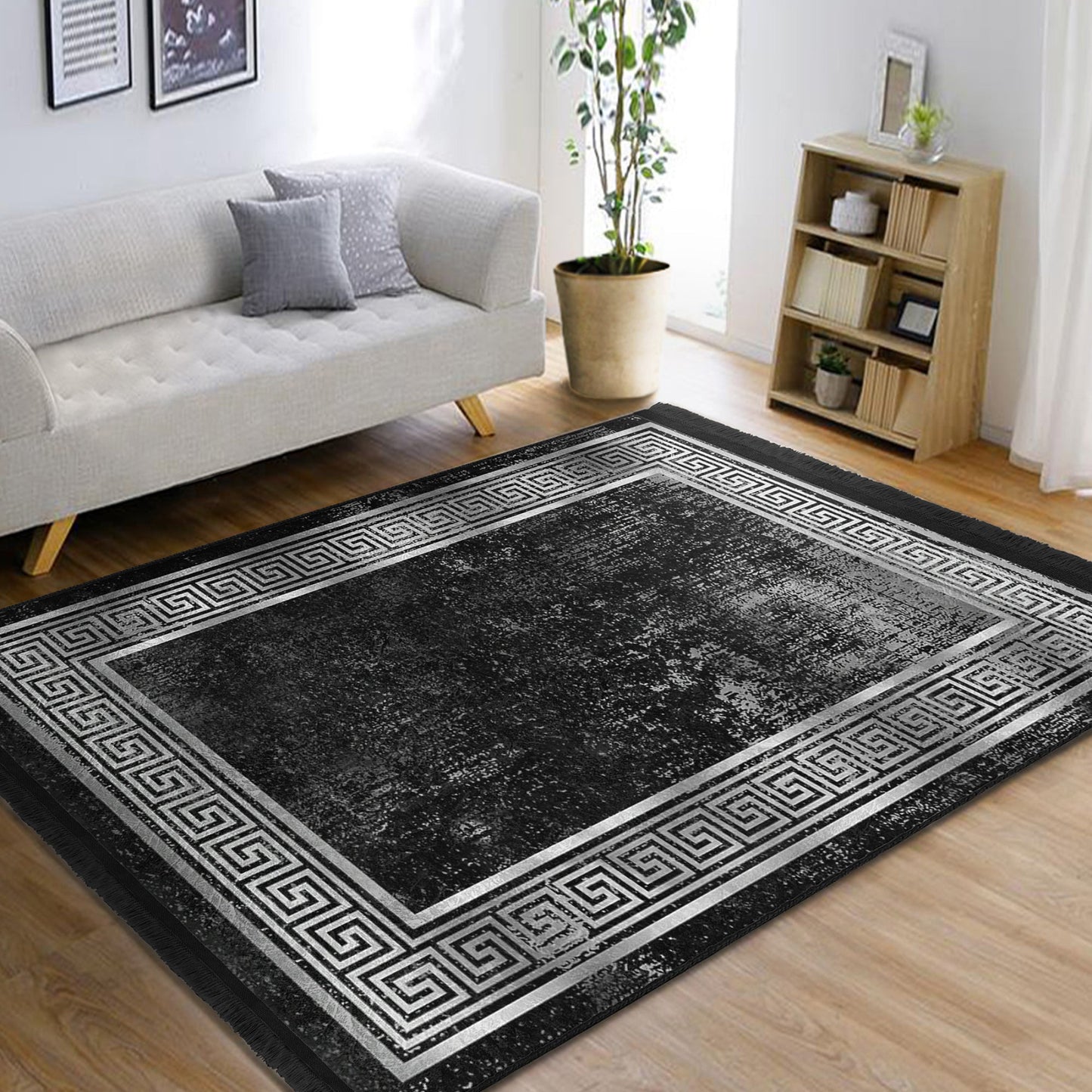 Geometric Design Black Vintage Washable Area Rug | Homeezone
