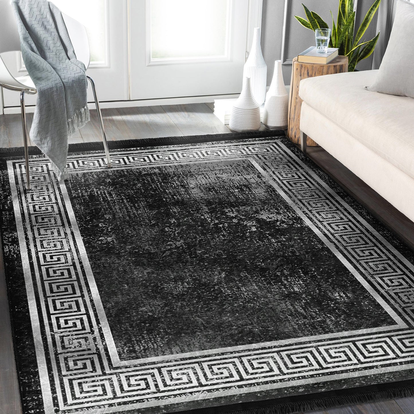 Geometric Design Black Vintage Washable Area Rug | Homeezone