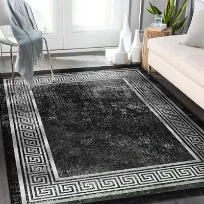Geometric Design Black Vintage Washable Area Rug | Homeezone