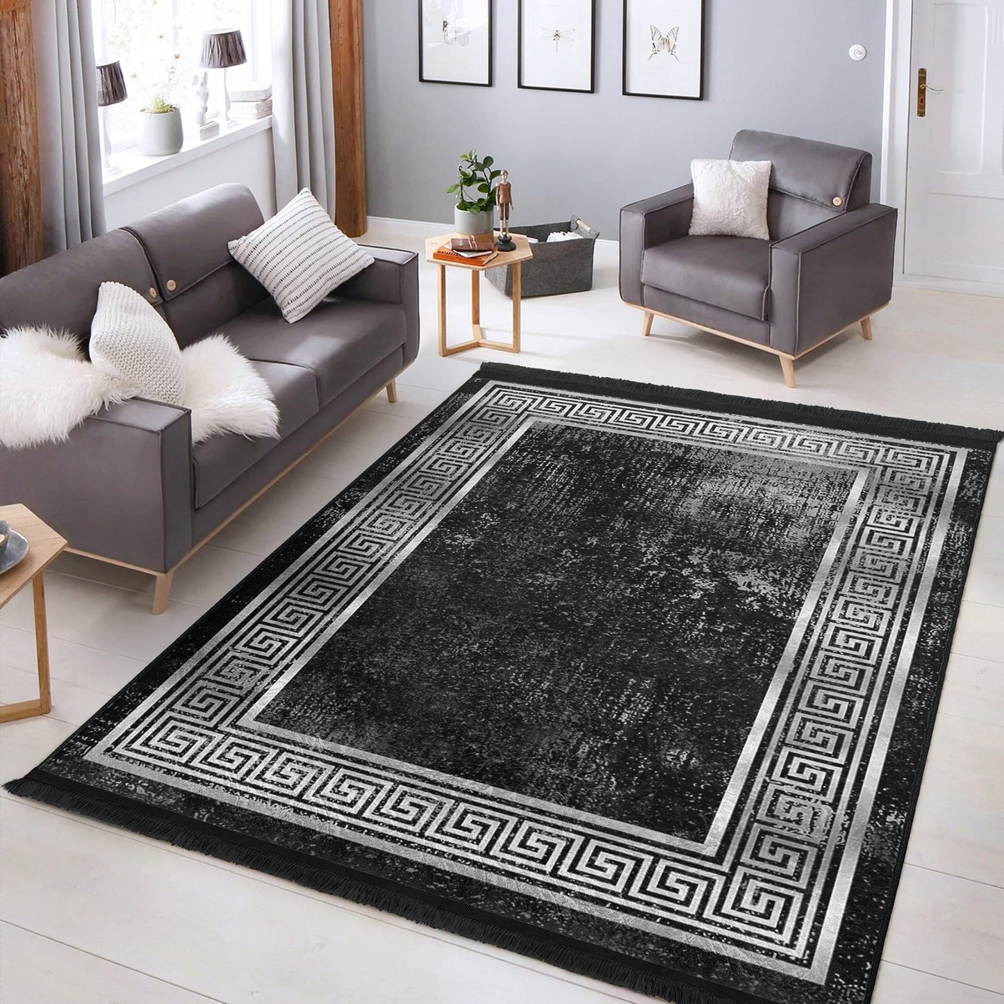 Geometric Design Black Vintage Washable Area Rug | Homeezone