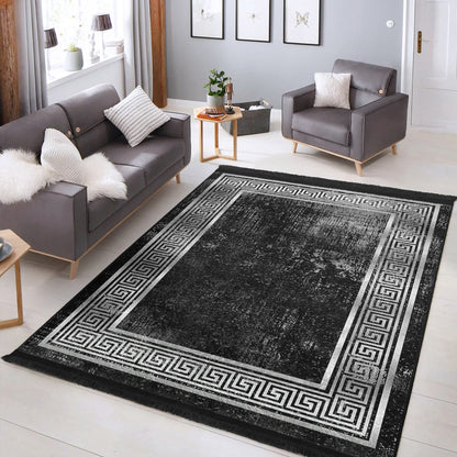 Geometric Design Black Vintage Washable Area Rug | Homeezone