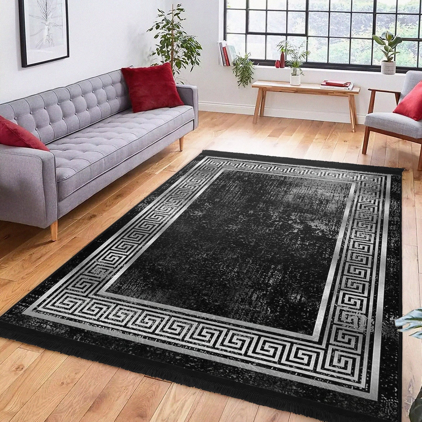 Geometric Design Black Vintage Washable Area Rug | Homeezone