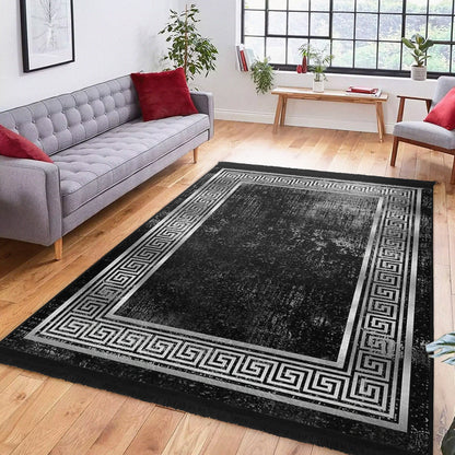 Geometric Design Black Vintage Washable Area Rug | Homeezone