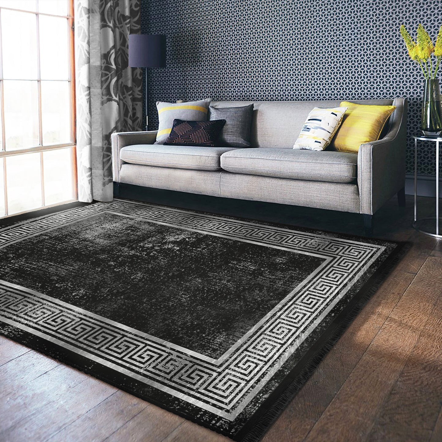 Geometric Design Black Vintage Washable Area Rug | Homeezone