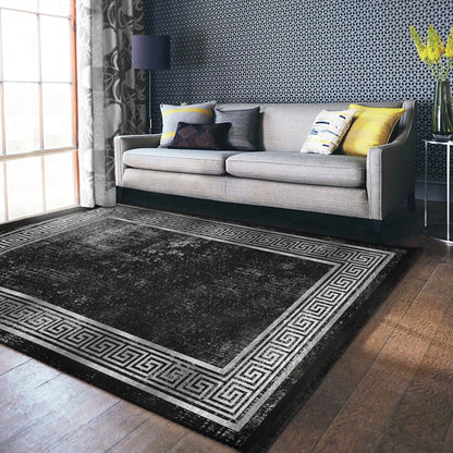 Geometric Design Black Vintage Washable Area Rug | Homeezone