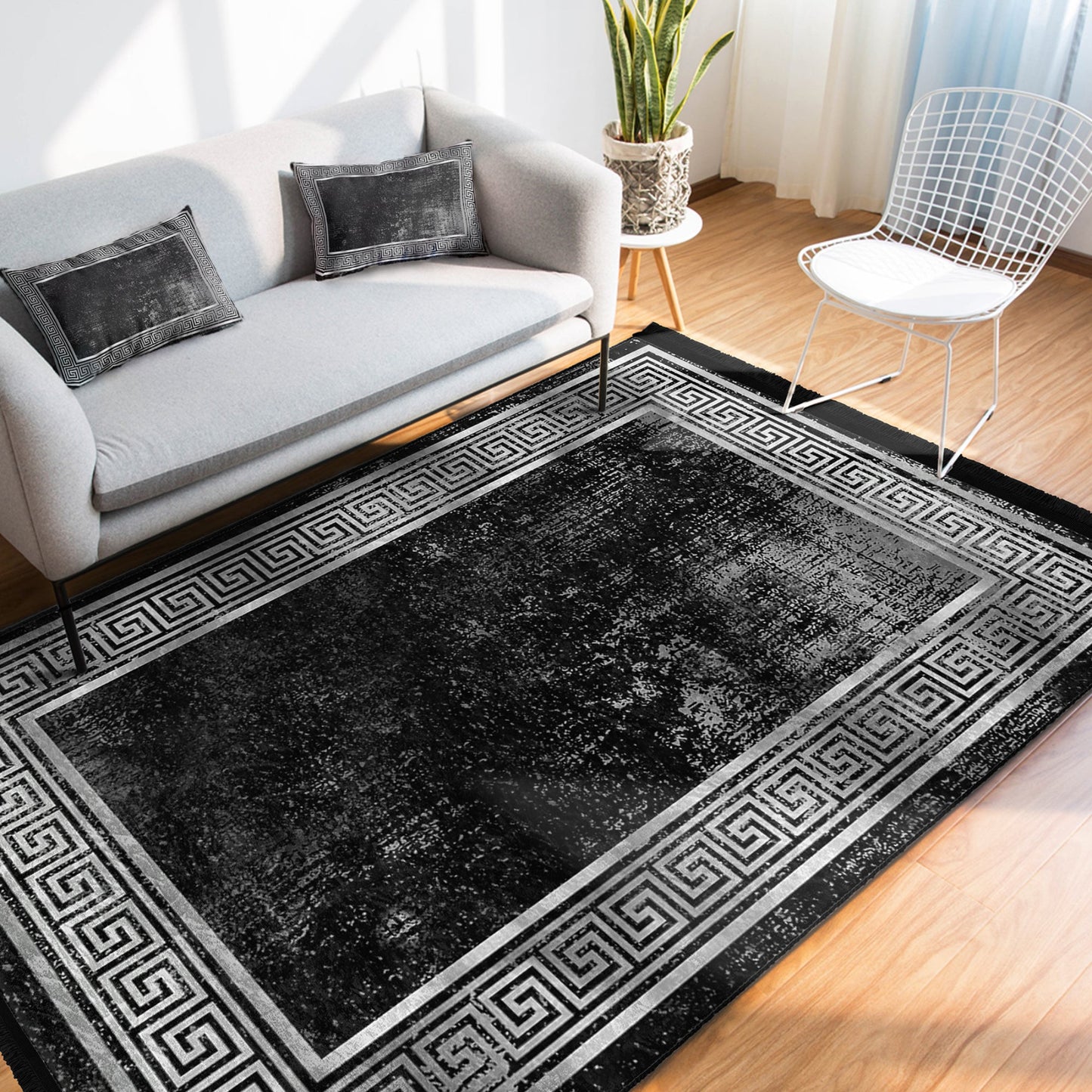Geometric Design Black Vintage Washable Area Rug | Homeezone