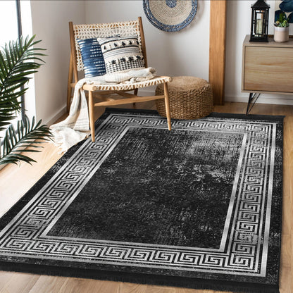Geometric Design Black Vintage Washable Area Rug | Homeezone