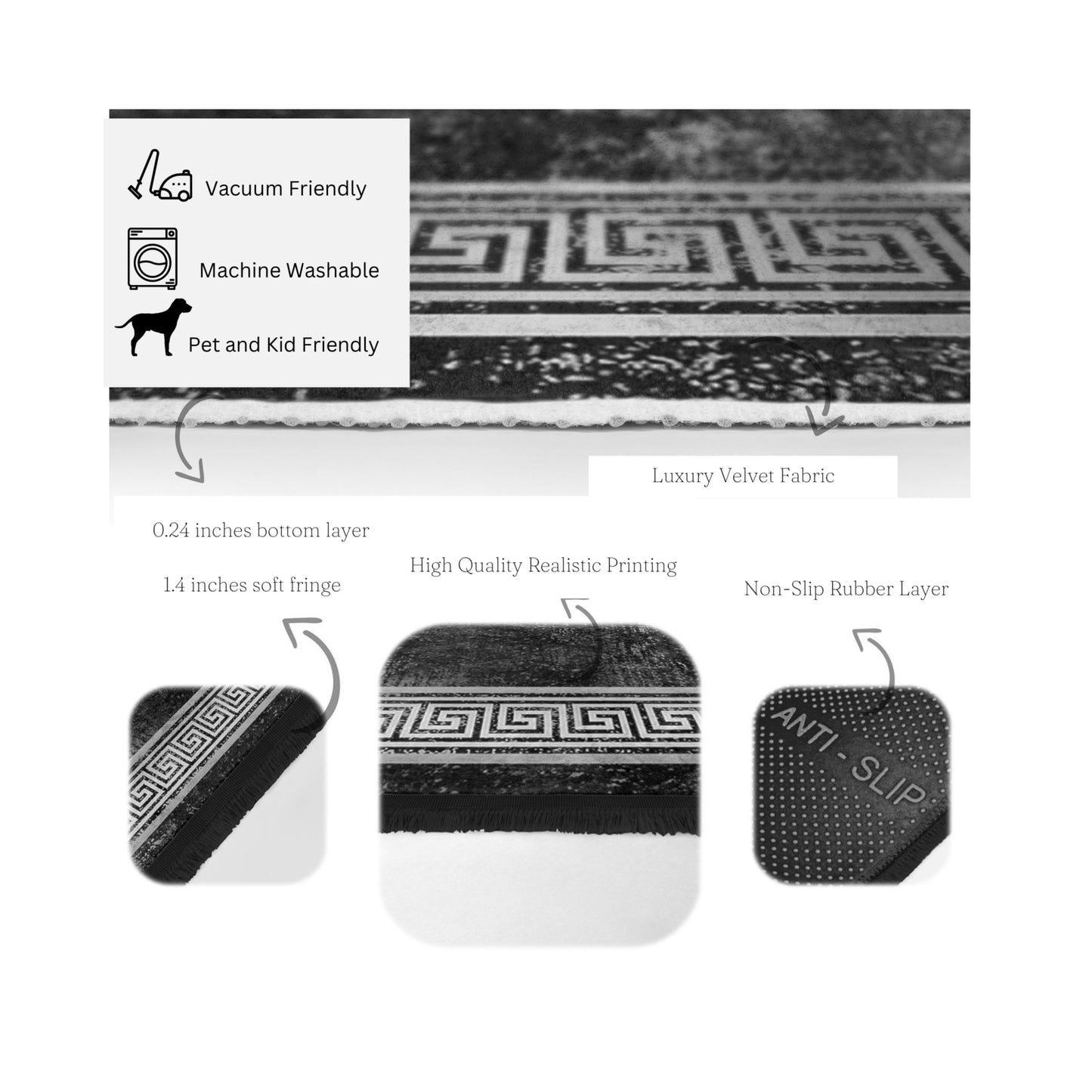 Geometric Design Black Vintage Washable Area Rug | Homeezone