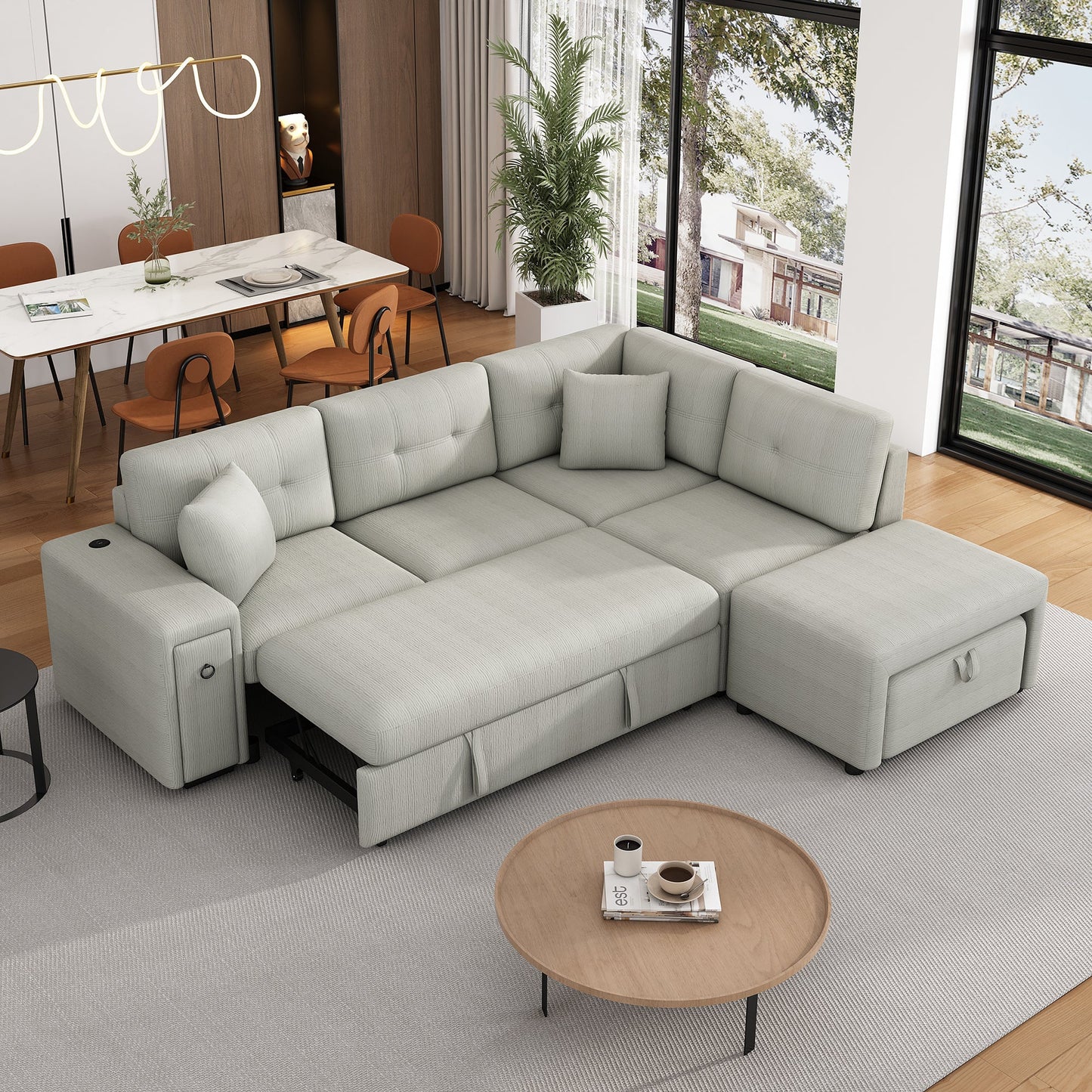 Convertible Chenille Sectional Sofa Bed with Storage