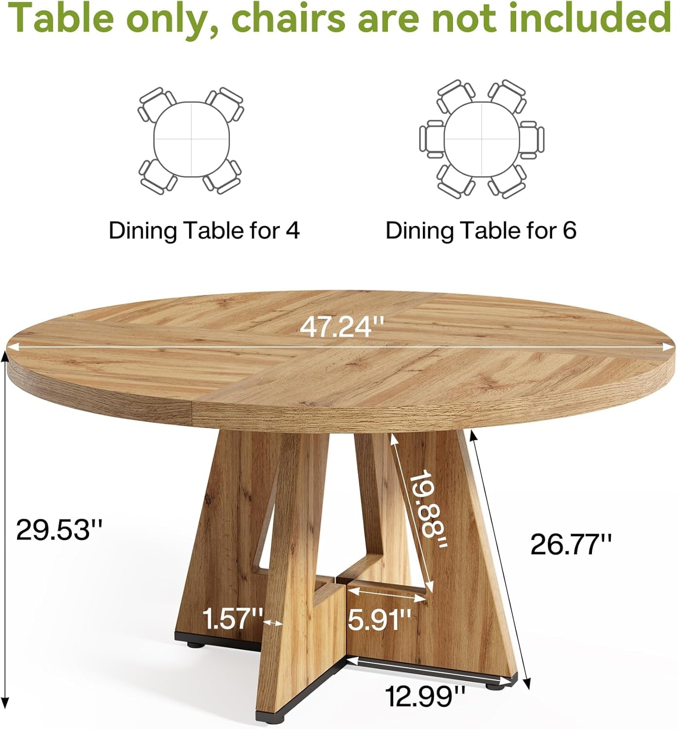 47" Round Wooden Dining Table with Pedestal Base Seats 4–6