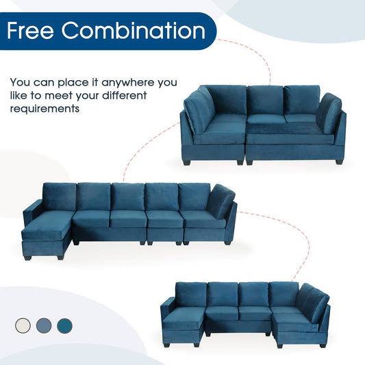 6-Piece Modular Velvet Sectional Sofa with USB Charging Ports – Navy Blue