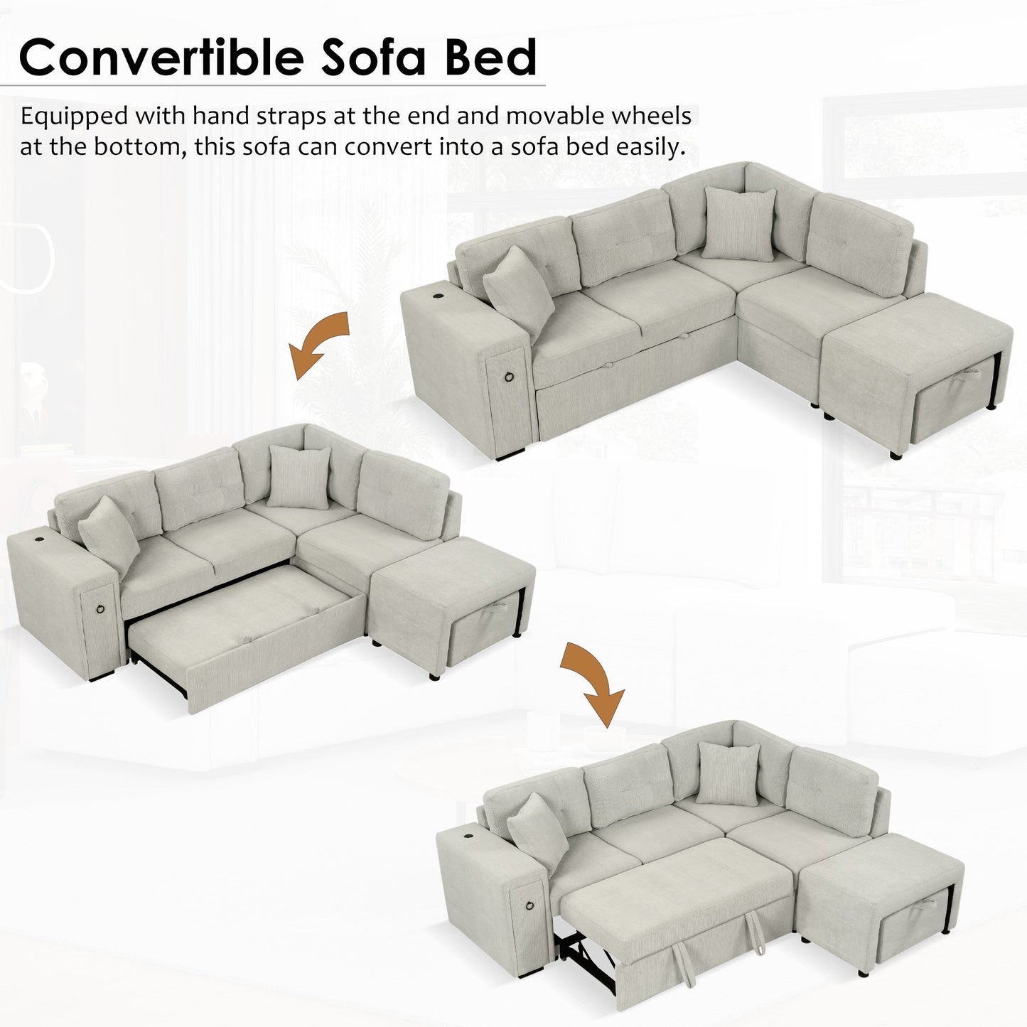 Convertible Chenille Sectional Sofa Bed with Storage